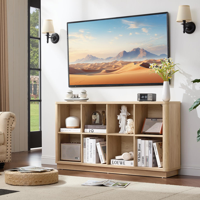 8 Cube Storage Book Shelf, 52" Long Horizontal Bookshelf with Curved Edge, Floor Standing Wooden Cubby Bookcase with Base, Modern Low Console Book Case, TV Stand for Living Room