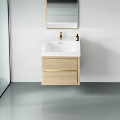 Meuble-lavabo 24 po avec lavabo, chêne naturel. Rangement intérieur spacieux. Comptoir en résine de pierre. Tiroirs à fermeture en douceur. Panneaux de qualité E1 pour un meuble-lavabo de qualité supérieure, fonctionnel. Fabrication
