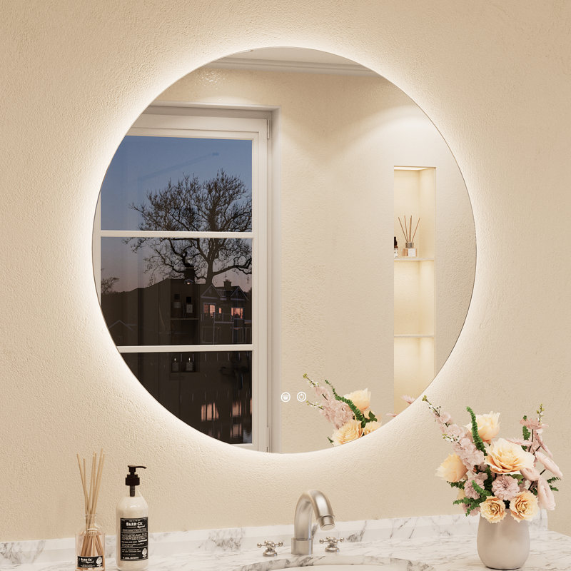 Adorna Round Frameless Backlit LED Bathroom Vanity Mirror, 32'' x 32''