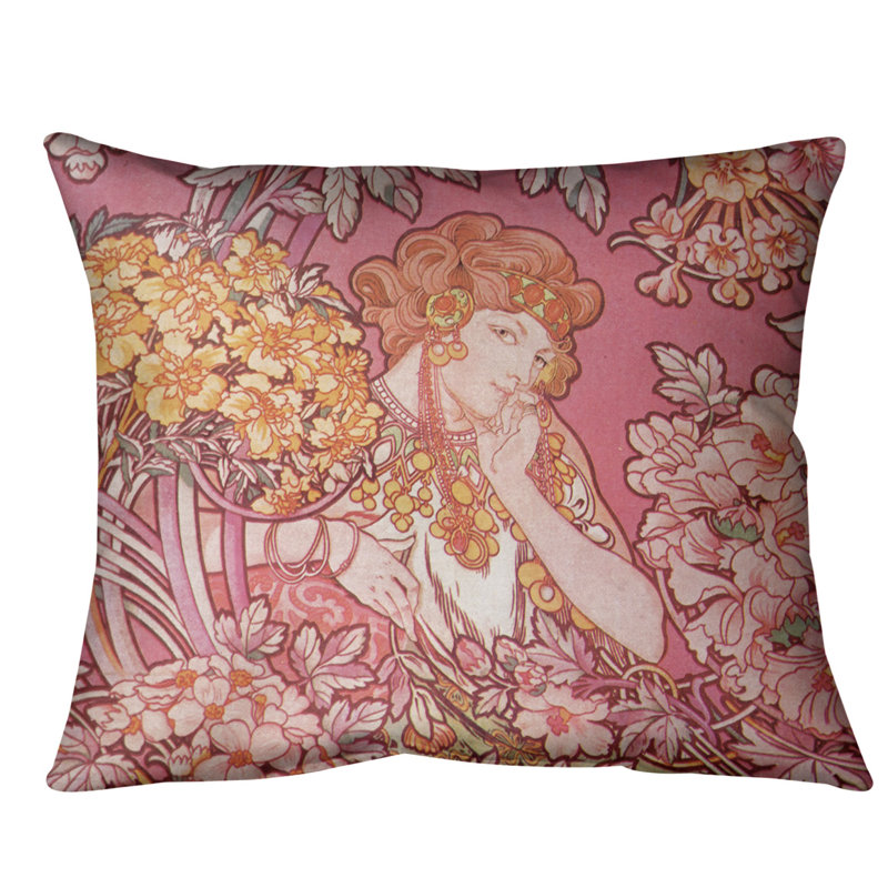 Coussin lombaire à fleurs alphonse mucha, Duvet synthétique, 14 po x 10 po, Rose