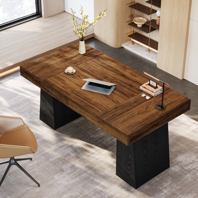 55" Modern Executive Desk, Wooden Office Computer Desk Conference Table with Double Pedestal for Home Office, Brown/Black