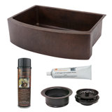 33" Hammered Copper Kitchen Rounded Apron Single Basin Sink with Matching Drain and Accessories