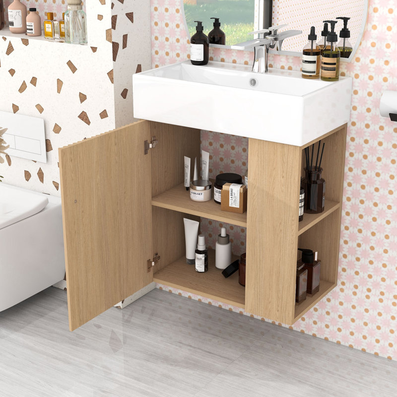 Maurice Modern Floating Bathroom Vanity with Ceramic Sink, Wave-Patterned Door and Storage Shelves, Wood