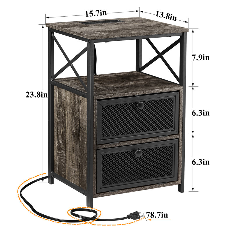 Nightstand Set With Charging Station End Side Tables Set With Storage Drawers And USB Ports & Power, Old School