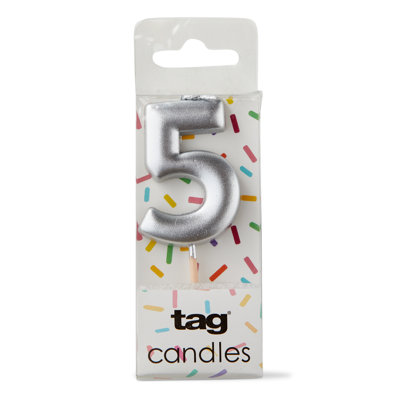 Metallic Digit 5 Candle Silver Paraffin Wax Everyday- Birthday Party Celebration