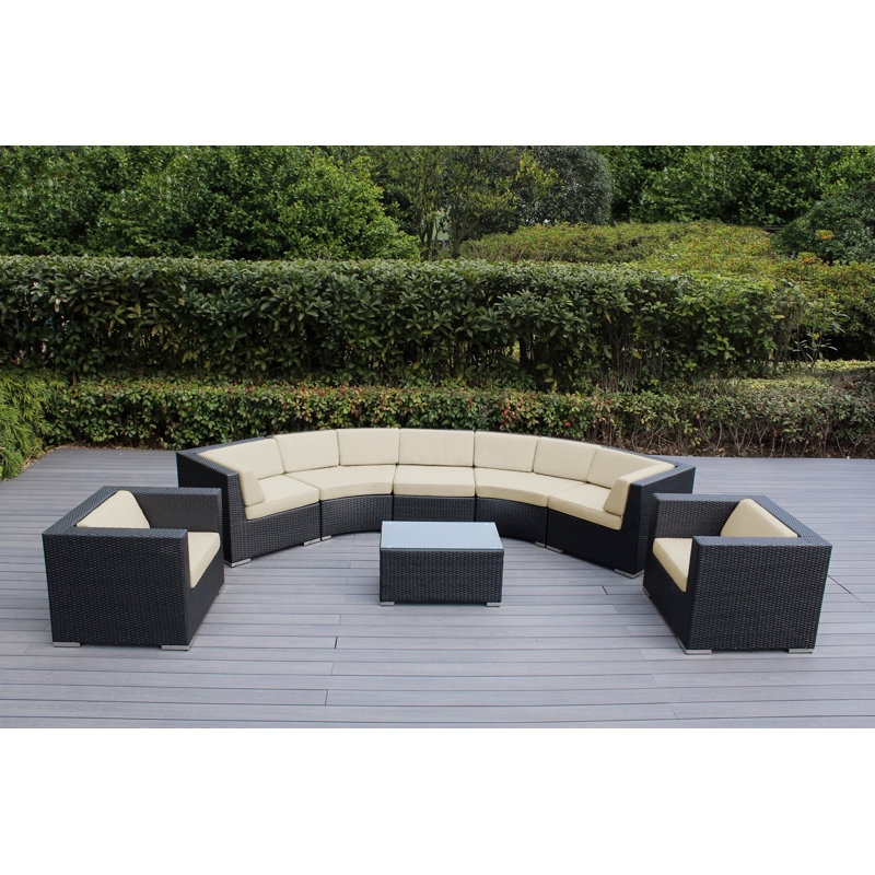 Billyjo Wicker 7 - Person Curved Seating Group with Cushions - No Assembly, Antique Beige Sunbrella® Canvas, Black