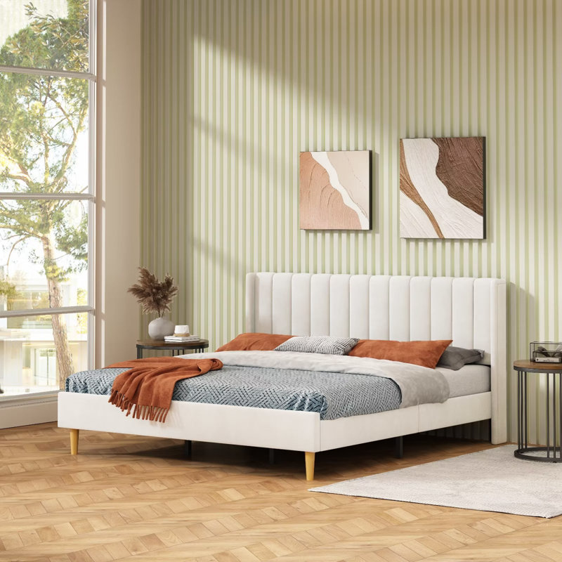 Upholstered Platform Bed Frame with Channel-Tufted Headboard, Strong Wood Slats, No Box Spring Needed, Noiseless Wood Foot, Easy Assemble