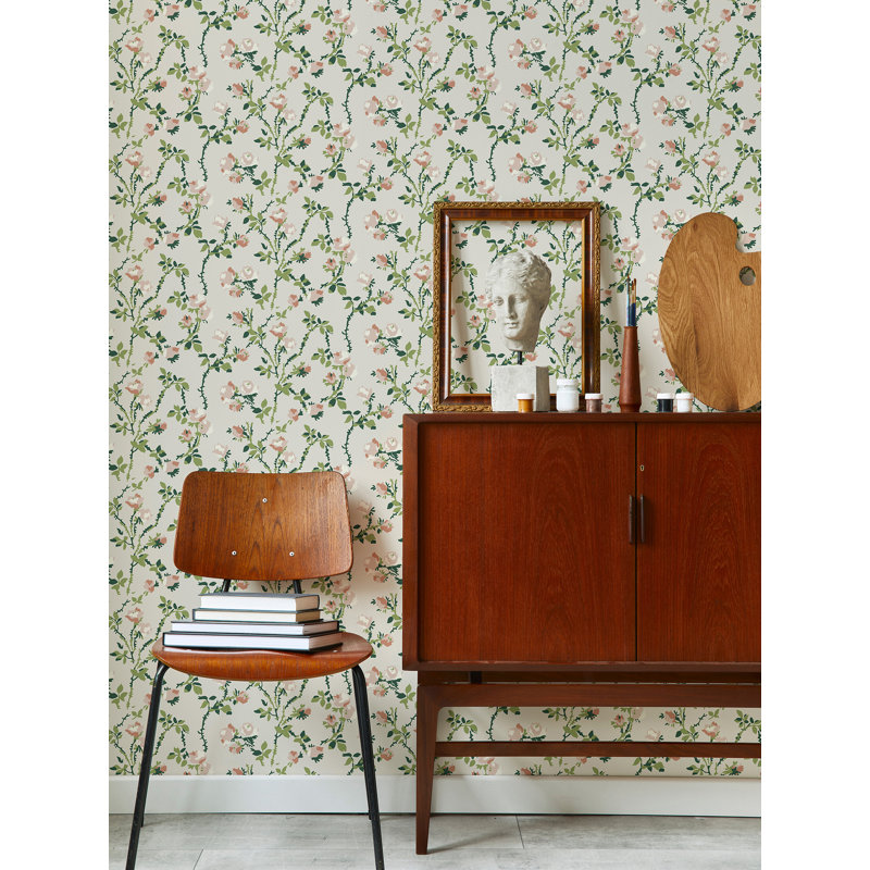 Lady Charlotte Rose Thorns 10' L x 24" W Peel and Stick Wallpaper Tile, Ivory Garden, Faux Grasscloth