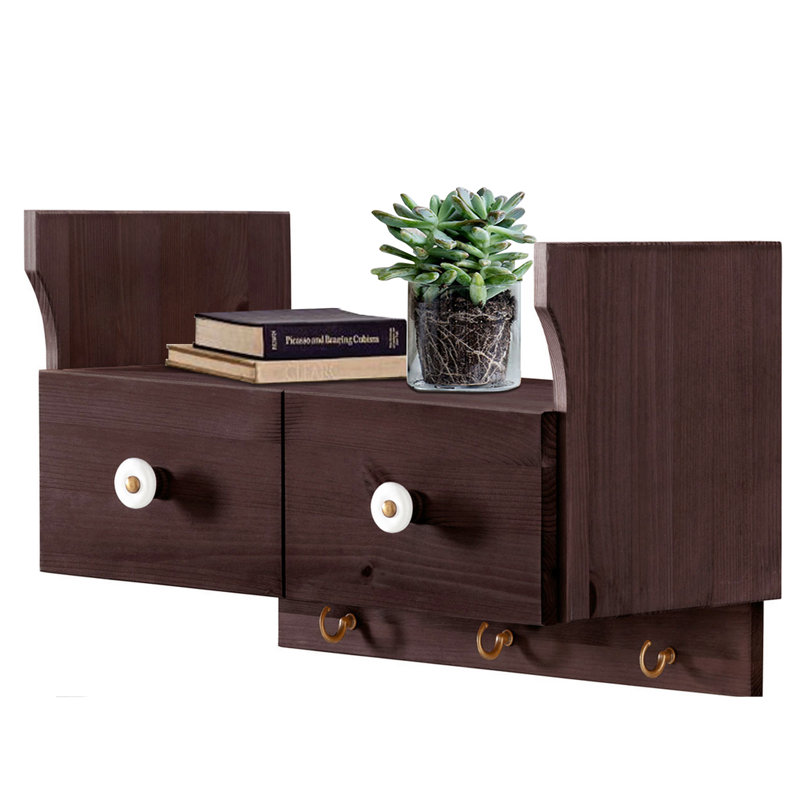 Huck Pine Solid Wood Accent Shelf with Drawer