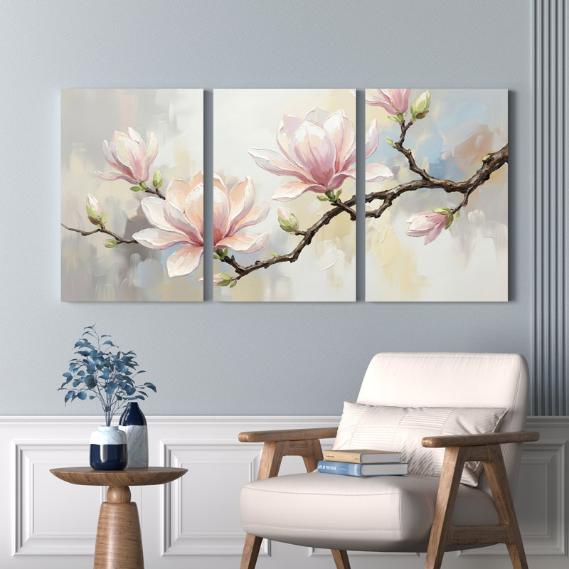 Ensemble de 3 tableaux muraux sur toile tendue représentant des fleurs de magnolia, pour la décoration du salon et de la chambre.