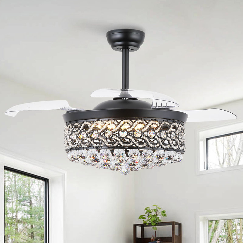48" Dimmable Crystal Ceiling Fan With Led Lights And Remote Control, Black/Black