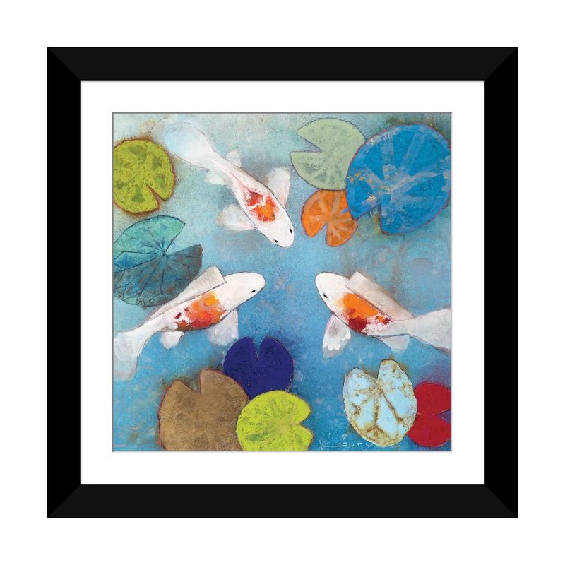 «Koi II», peinture sur toile, Papier beaux-arts encadré noir, Blanc, H 16 po x l 16 po x P 1 po