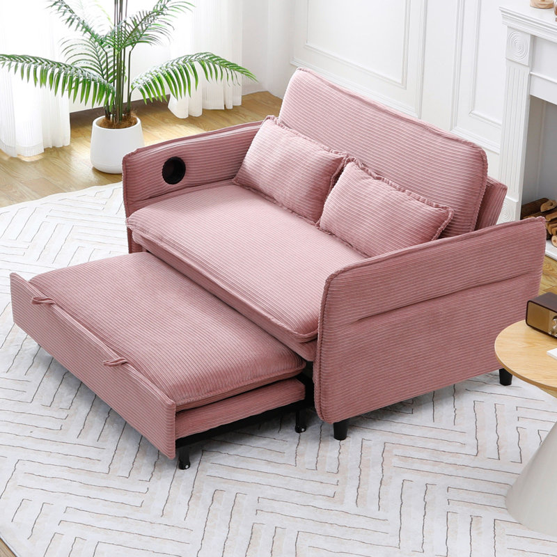 65.7" Corduroy Upholstered Pull-out Sofa With Cup Holder, Pink