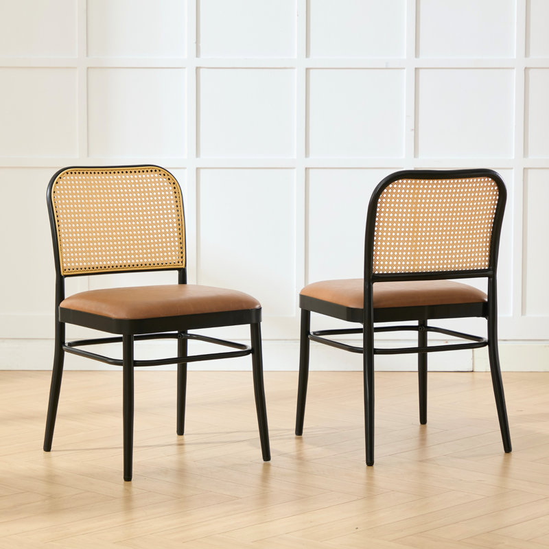 Chaise d'appoint moderne rembourrée en similicuir avec dossier en rotin, 2, Brun
