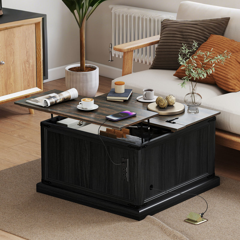 Table basse à plateau relevable avec station de charge et rangement, noir