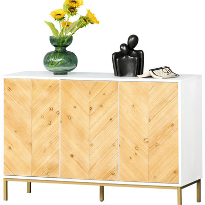 Buffet Cabinet - Natural Wood Sideboard With , 3 Doors, Adjustable Shelf And Metal Leg Base Pattern, Legs For Kitchen