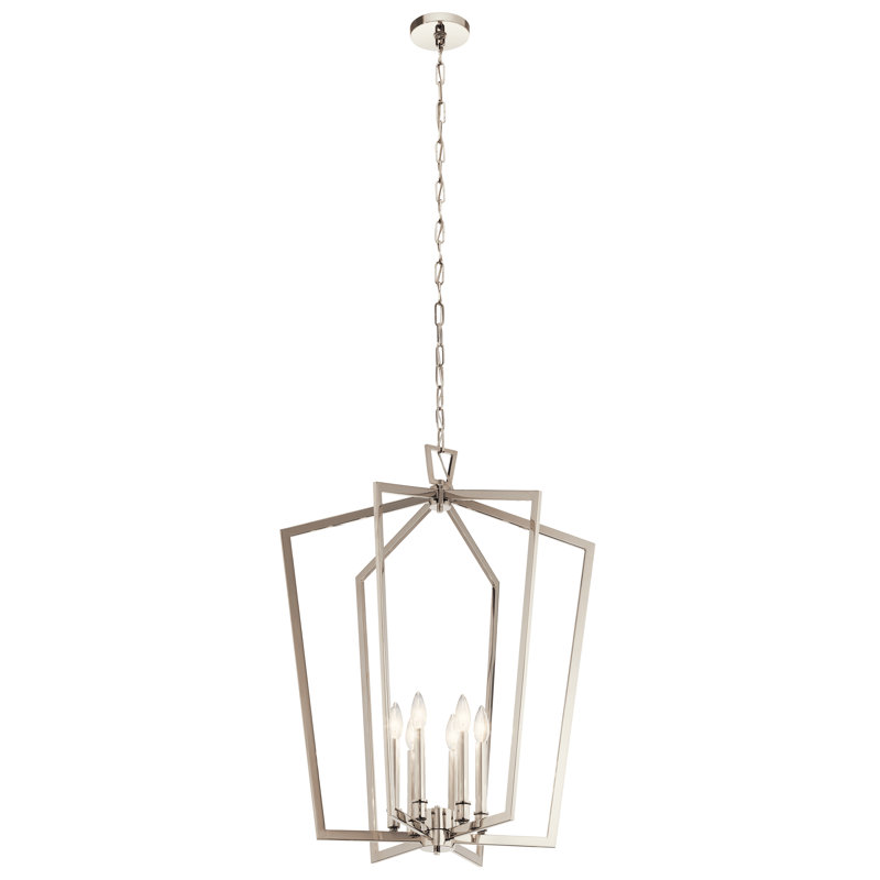 6 - Light Dimmable Lantern Geometric Chandelier, Polished Nickel
