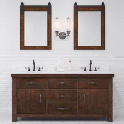 Aberdeen 72 In. Double Sink Blue Limestone Countertop Vanity In Grizzle Gray With Hook Faucet And Mirror