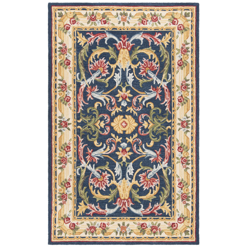 Tapis ivoire / bleu marine en laine / coton touffeté à la main Ozella, Rectangle 5 pi x 8 pi