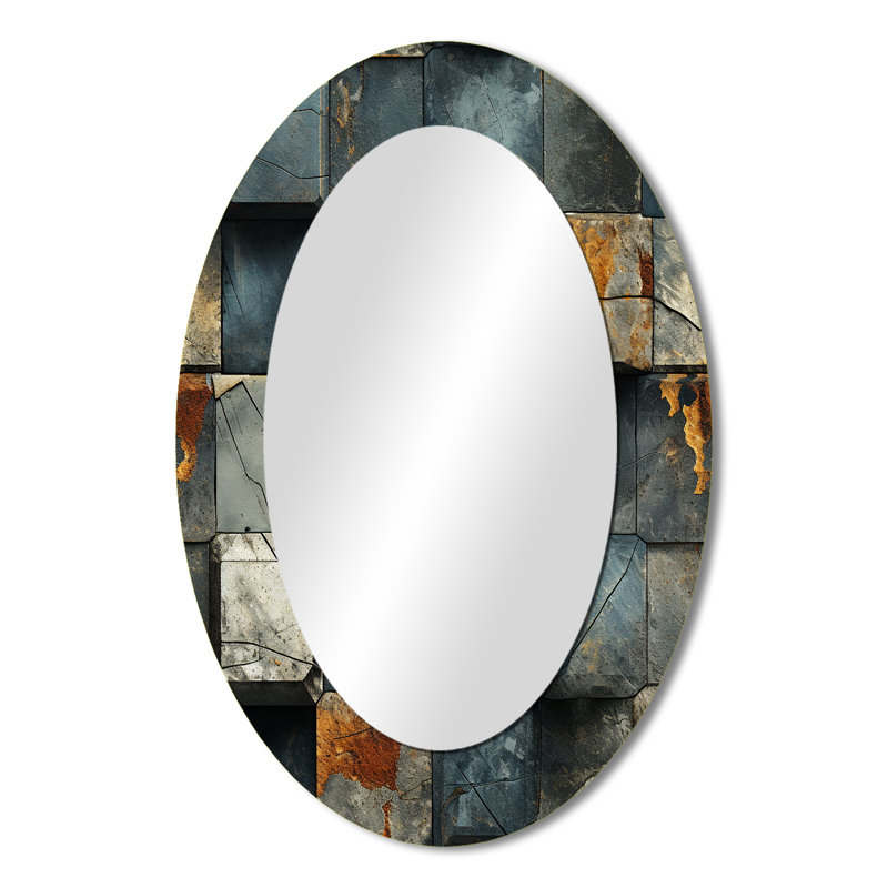 Grey Cubic Striped Wall Pattern - Gray Mid-Century Oval Wall Mirror, 36" H x 24" W