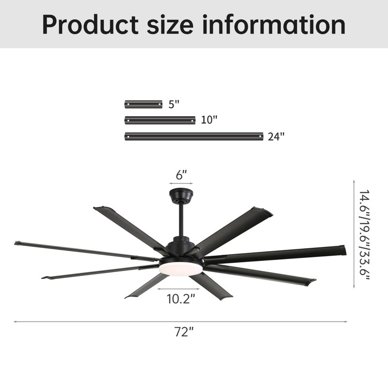 72 Inch Modern Large Design Ceiling Fans With Smart Remote Control 6 Wind Speed Dc Motor Black For Living Room, 72" Wide