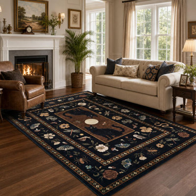 8'x10'Cat Moon Botanical Animal Large Washable Area Rug, Celestial Folk Art Non-Slip Carpet for Living Room Bedroom Dining Room Office