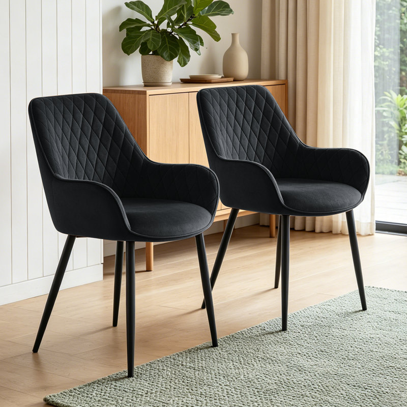 Velvet Upholstered Quilted Armchair for Dining Room, Bar, Restaurant or Hotel, Obsidian Black