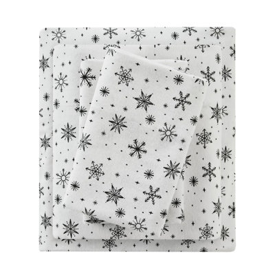 4 Pcs Full Sheet With Black Snowflakes, 100% Cotton Flannel Luxury Oversized Dimensions Up To 18" Mattress Height, Superior Softness, Elasticized Fitted Sheet, Pre - Shrunk, Includes Flat And 2