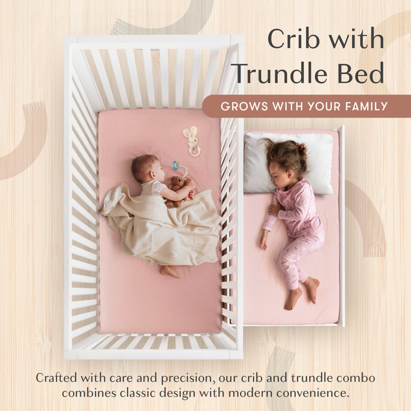 HushCrib 3-in-1 Convertible Crib with Trundle, Toddler Bed, Daybed, White / Natural
