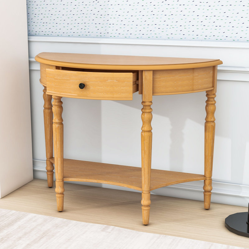 Console classique avec design en demi-lune, tablette et tiroir, Naturel
