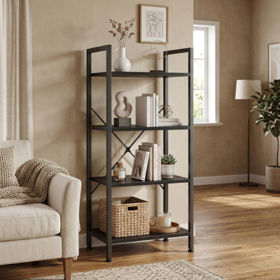 Industrial Metal & Wood Storage Shelf, Freestanding Open Shelving Unit For Living Room, Kitchen, Office, Heavy Duty Utility Rack For Books, Plants, Decor