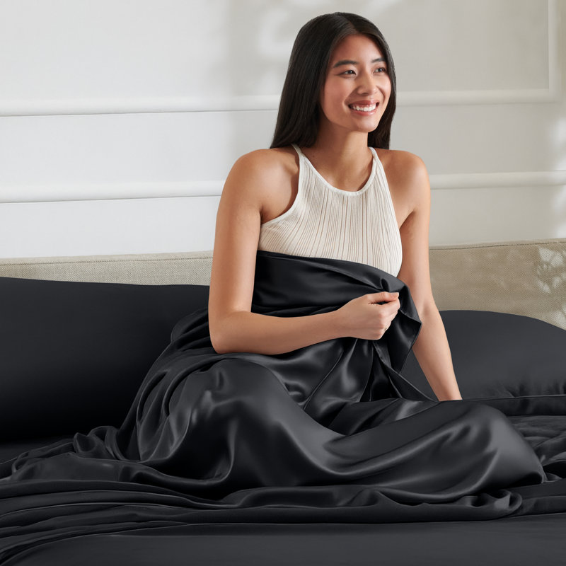 Ensemble de literie en satin, Noir, Ensemble de draps pour très grand lit avec 2 taie