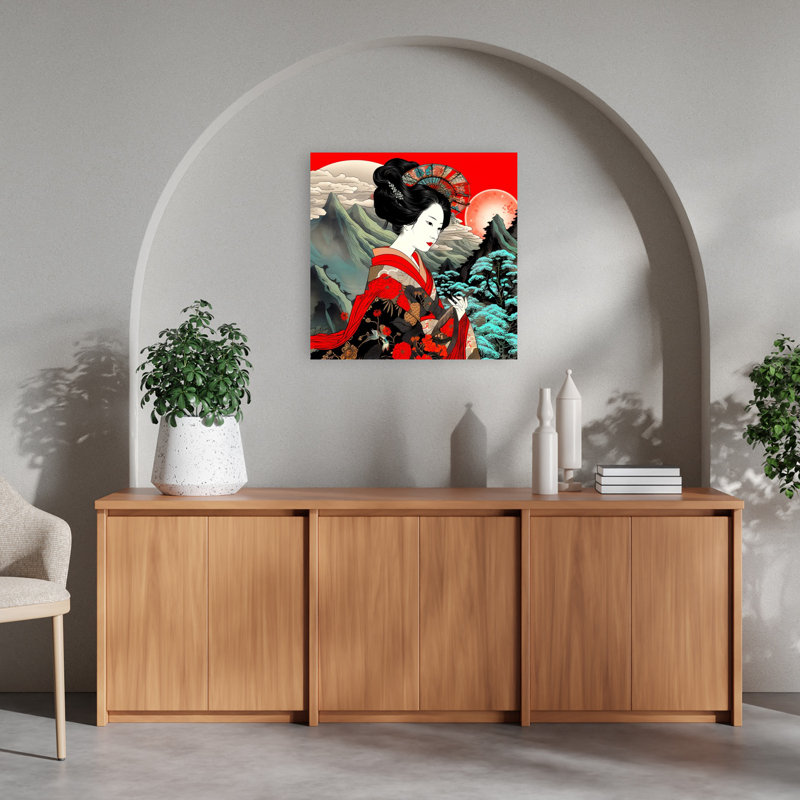 Geisha et soleil rouge abstrait paysage contemporain, art mural, 24" H x 24" W