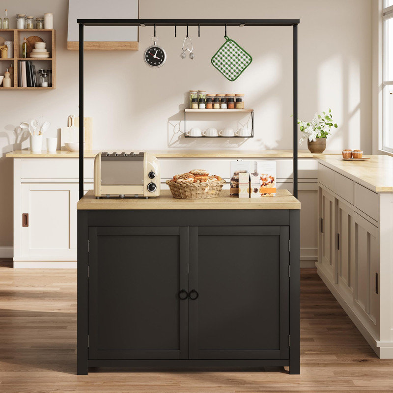Îlot de cuisine de 41 po avec rangement - Table de travail avec plateau de 1,2 po, tablettes à 3 niveaux, 5 crochets et rangement pour tabourets de cuisine