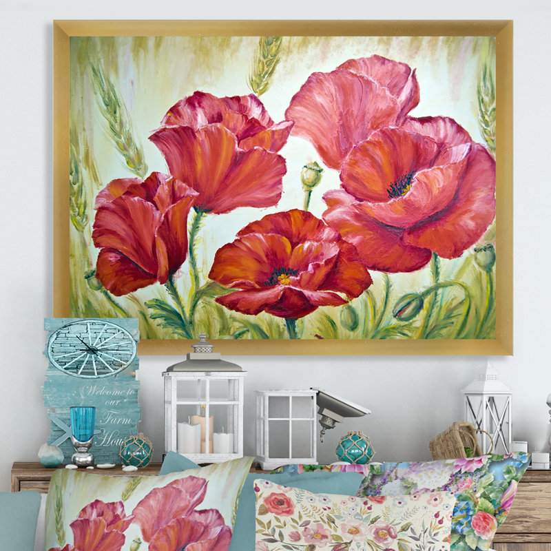 Blossoming Poppies In The Morning III - peinture sur toile, H 16 po x l 32 po x p 1 po, Encadrement doré