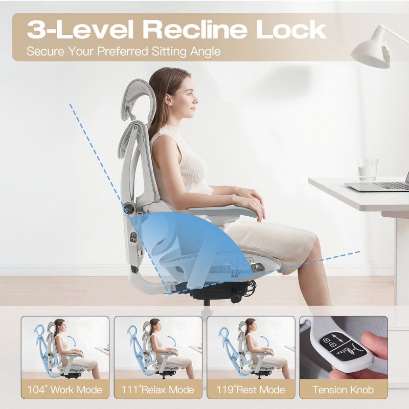 Button Control Ergonomic Mesh Task Chair with 3-Level Recline Lock, Home Office chair with High-Back Mesh Seats, Casters, and Adjustable Headrests; Featuring Comfortable Lumbar Support and Adjustable Armrests