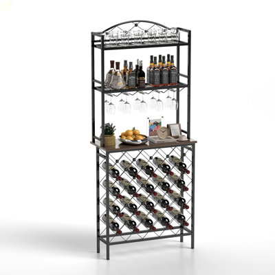 Industrial Wine Rack Bar Table, 3-Tier Liquor Bottle And Glass Holder With Storage Shelves, Metal Wine Organizer For Home Kitchen, Dining Room, And Li by 17 Stories