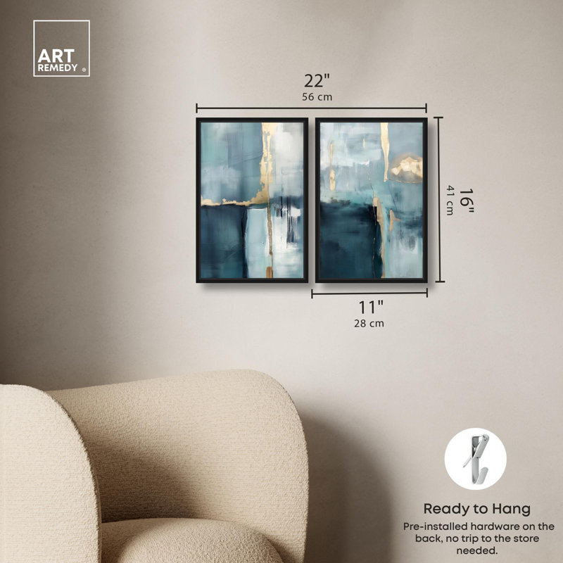 «Gilded Blue Luxe Blue Art», ensemble de 2 impressions sur toile par , Noir, H 16 po x l 11 po