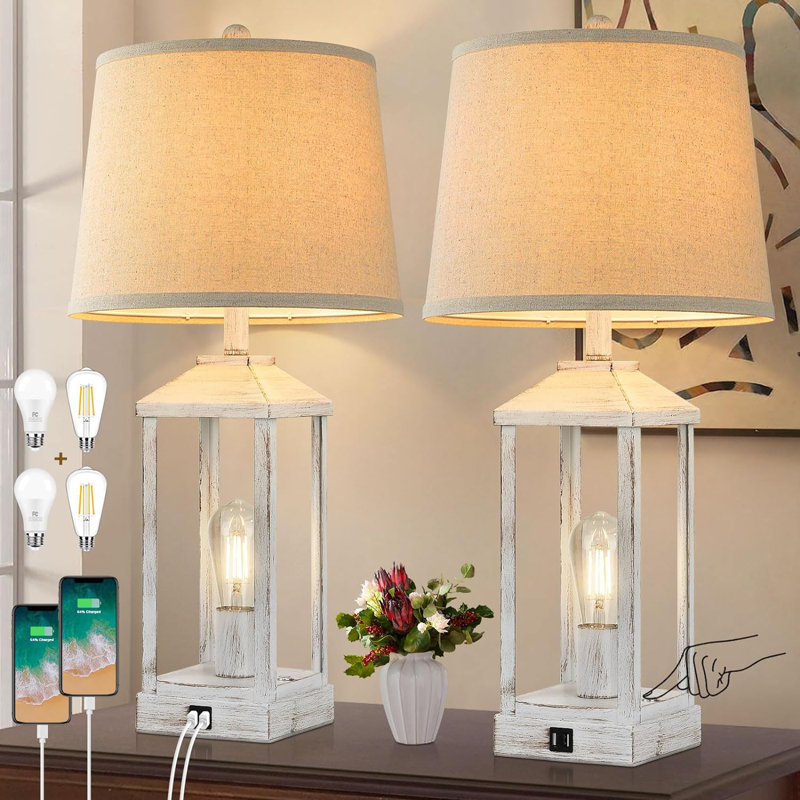 28" White Rustic Farmhouse Table Lamps Set with USB Ports