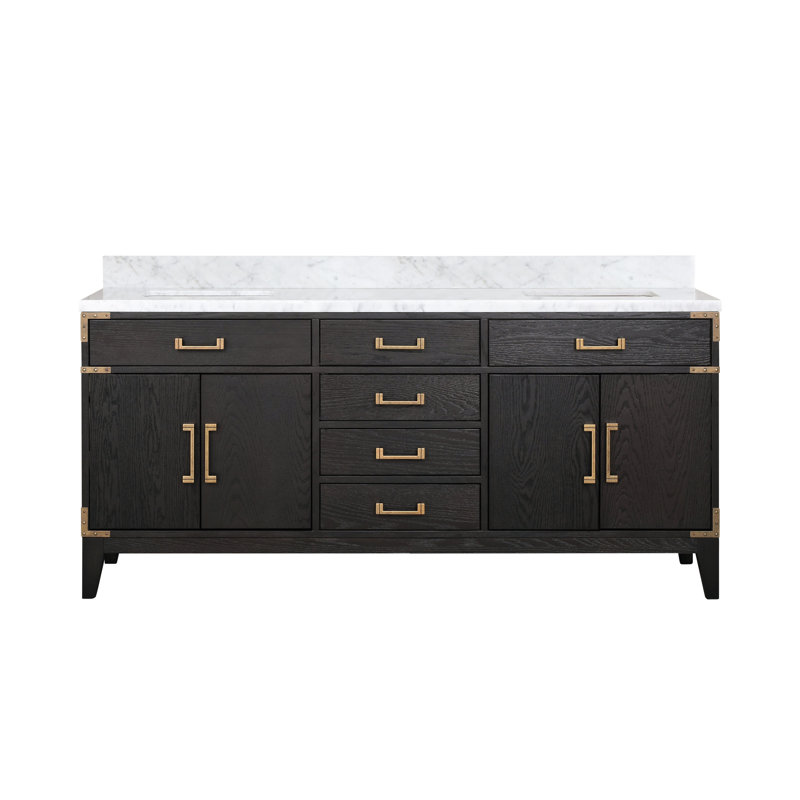Plateau de meuble-lavabo double l 72 po x P 22 po Laurel, Chêne blanc, Marbre de Carrare blanc
