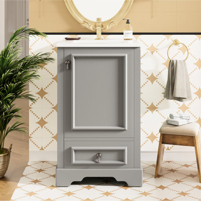 Meuble-lavabo peu encombrant de 20 po avec structure en bois massif, porte et tablette réglable pour un rangement en céramique flexible, système de fermeture en douceur, tiroir de compartiment organisé