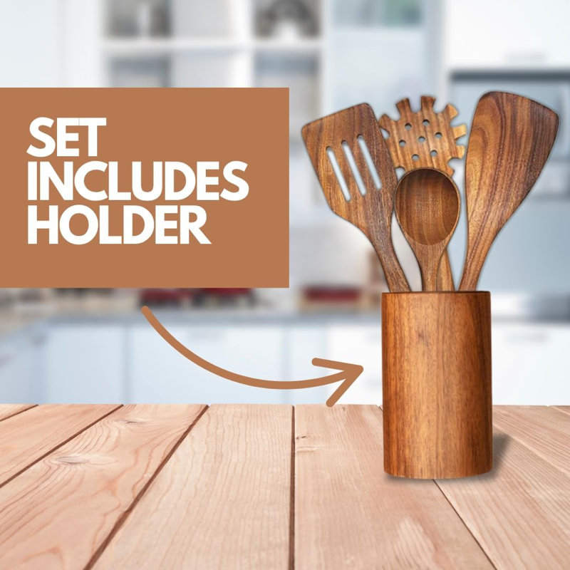Ensemble d'ustensiles de cuisine en bois de teck naturel 11 pièces avec support en bois - ustensiles de cuisine résistants à la chaleur et écologiques pour batterie de cuisine antiadhésive