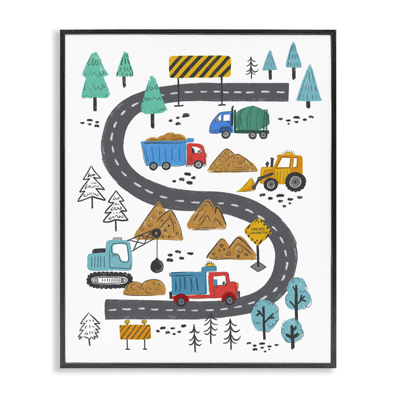 "Construction Engins Road", estampe numérique par Jim Baldwin, Giclée encadrée noir minuit, H 14 po x l 11 po