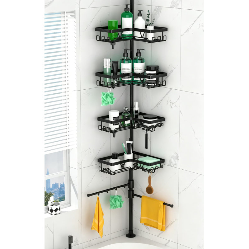 Upgraded Tension Pole Shower Caddy With 4 Removable Baskets And 2 Towel Bars, Expandable Corner Bath Organizer Fits 25 To 114.2 Inches, Rust-Resistant Stainless Steel Black