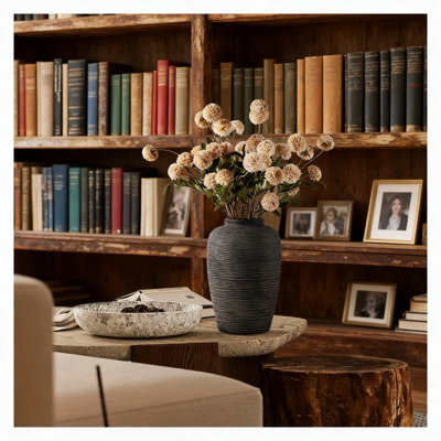 Large Ceramic Vase For Home Decor, Handcrafted Farmhouse Vase With Horizontal Grain Texture, Rustic Centerpiece For Artificial Flowers And Table Decor