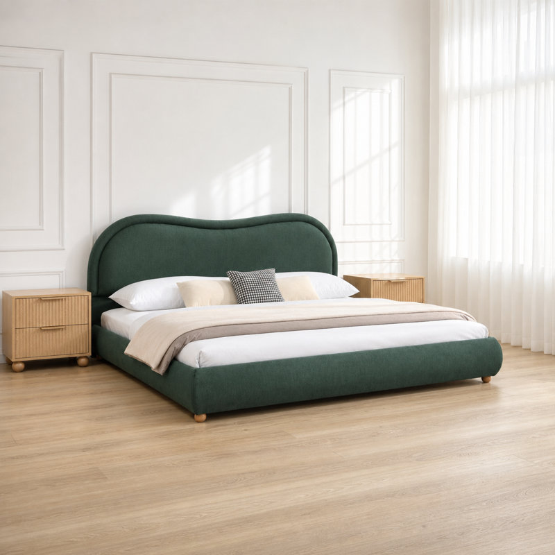 Très grande base de lit tapissier avec tête de lit arrondie et coins arrondis, tête de lit rembourrée, lattes en bois franc de qualité supérieure, pieds en bois massif durable, revêtement en chenille doux pour la peau