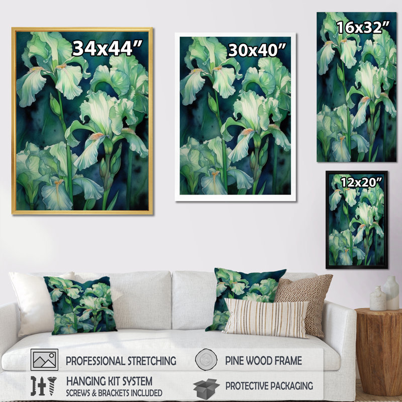 Pétale d'iris vert sur toile, H 20 po x l 12 po x P 1 po, Cadre naturel flottant