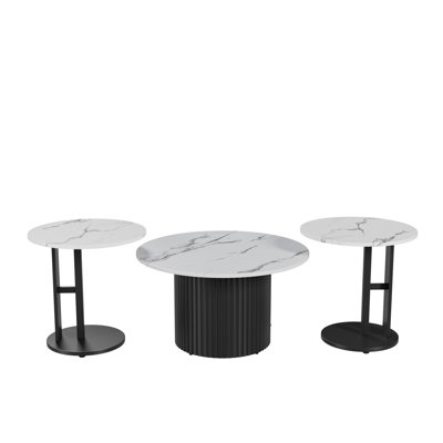 Ensemble de 3 tables basses, tables basses gigognes modernes avec plateau en faux marbre et pieds en métal, tables basses et tables d'appoint rondes avec design nervuré pour le salon, petit appartement