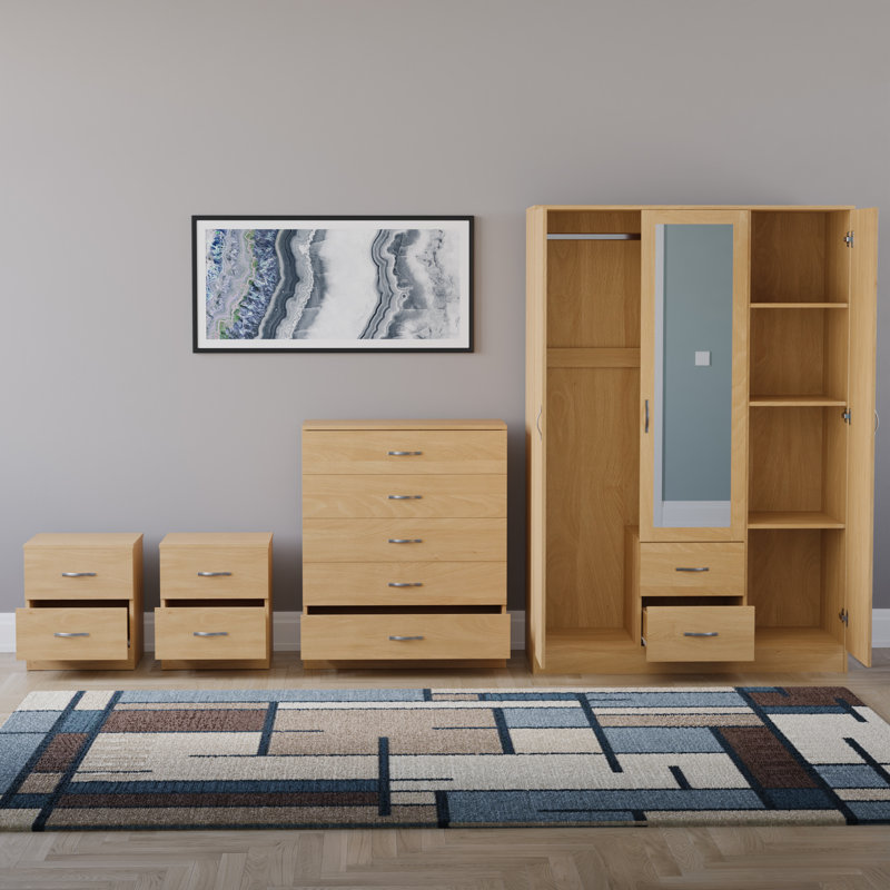 Tayce 4 Piece Bedroom Set (2 Drawer Bedside Chest X2, 5 Drawer Chest, 3 Door 2 Drawer Mirrored Wardrobe), Tan