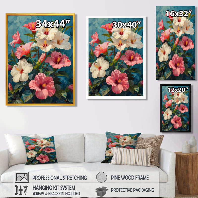 «Vibrant Dance of Pink Blue Hibiscus II - Hibiscus», art mural, Cadre flottant brun, H 12 po x l 20 po